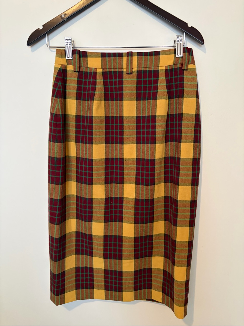 Aritzia Yellow and Burgundy Plaid Button-Front Pencil Skirt - Picture 3 of 9